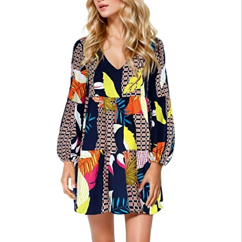 Amoretu Womens Summer Tunic Dress V Neck Casual Loose Flowy Swing Shift Dress L